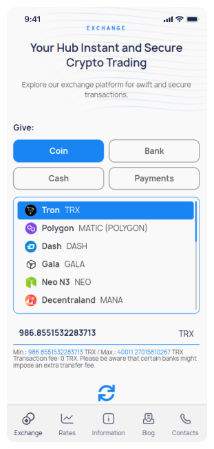 Aplikacja White Money - ekran wymiany kryptowalut