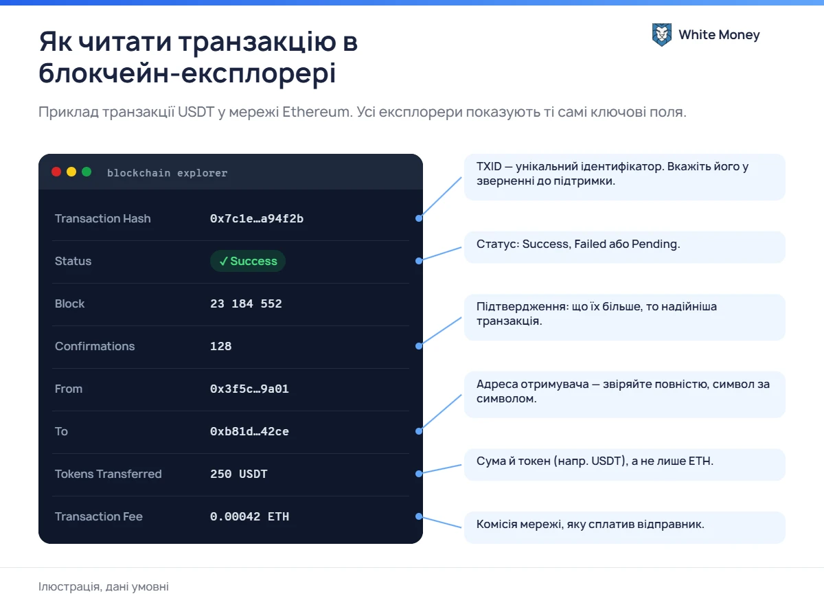 Як читати транзакцію в блокчейн-експлорері. Приклад транзакції USDT у мережі Ethereum. Усі експлорери показують ті самі ключові поля.